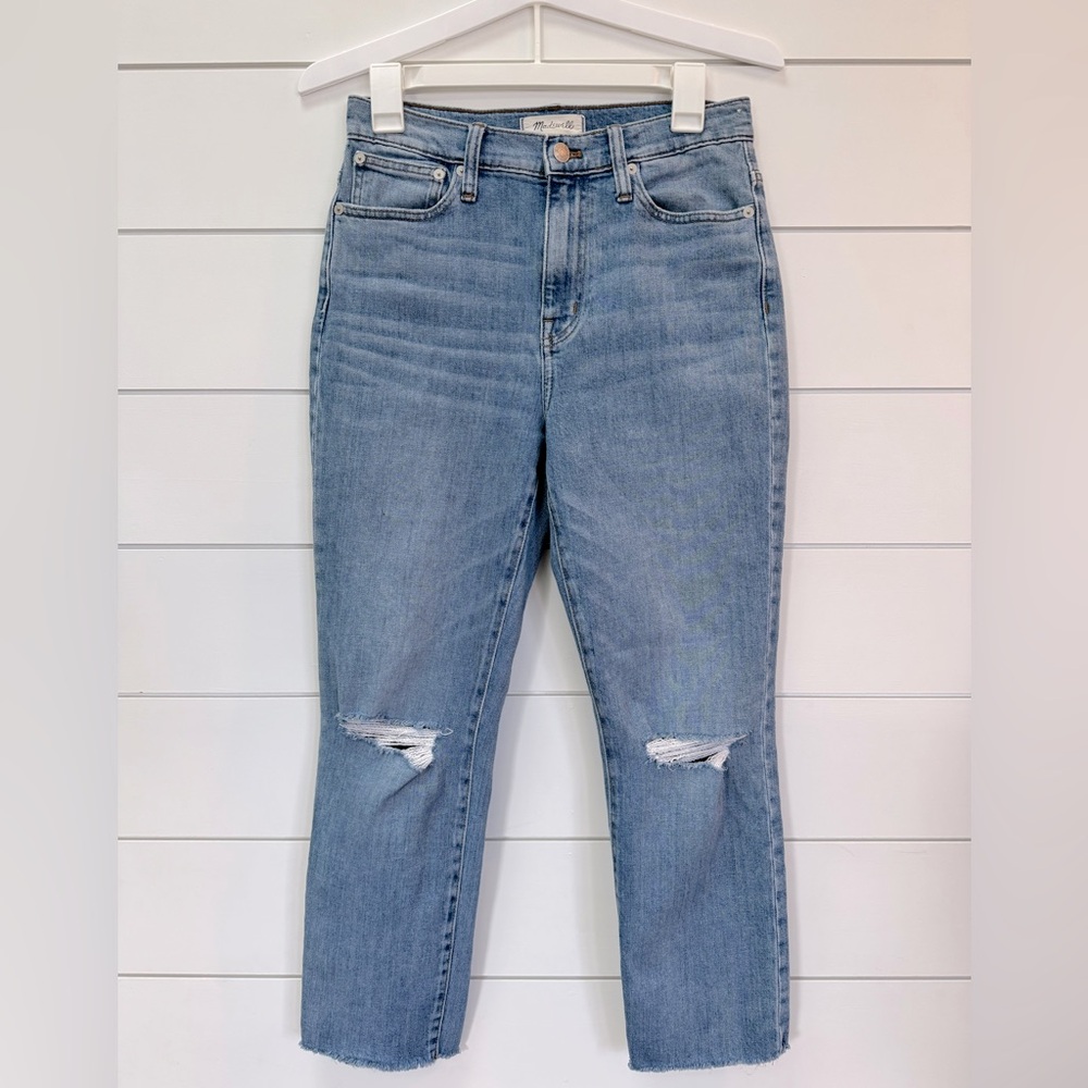 Madewell High Rise Slim Crop Boyjean 25 Distressed Knee Raw Hem Crop Jeans